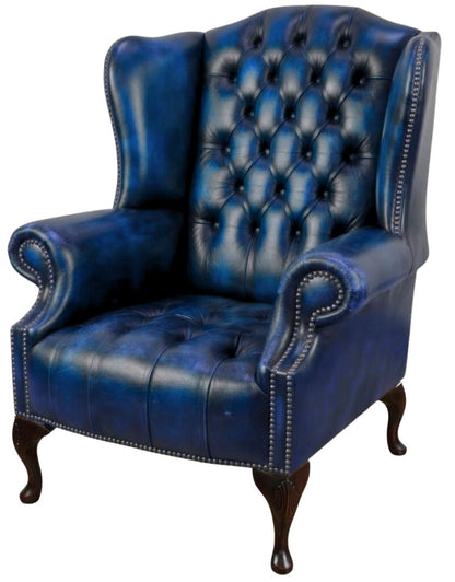 The Balmoral Chesterfield Wing Chair in Antique Blue leather