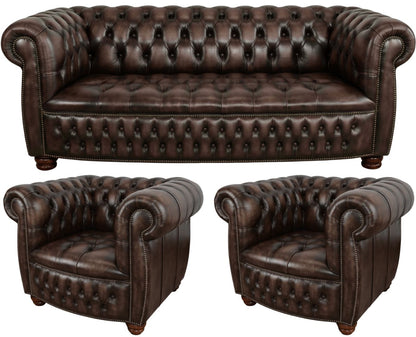 The Balmoral Chesterfield 3 Piece Suite with 3 seater and 2 club chairs in Antique Brown leather