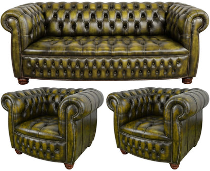 The Balmoral Chesterfield 3 Piece Suite with 3 seater and 2 club chairs in Antique Gold leather