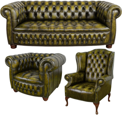 The Balmoral Chesterfield 3 Piece Suite with 3 seater, club chair and wing chair in Antique Gold leather