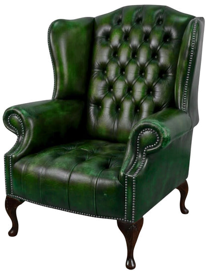 The Balmoral Chesterfield Wing Chair in Antique Green leather