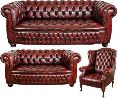 The Balmoral Chesterfield 3 Piece Suite with 3 seater, 2 seater and wing chair in Antique Oxblood leather