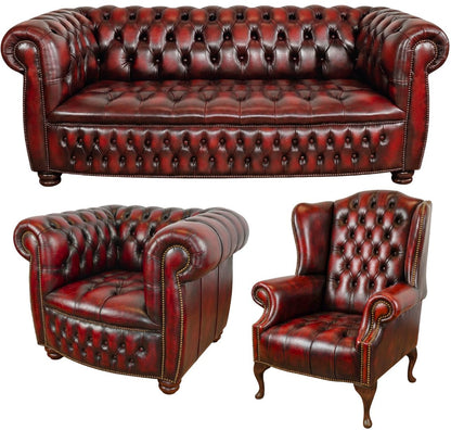 The Balmoral Chesterfield 3 Piece Suite with 3 seater, club chair and wing chair in Antique Oxblood leather