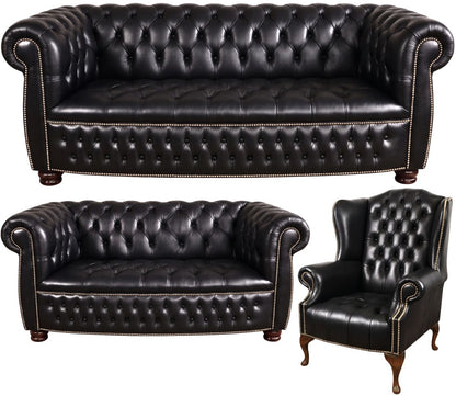 The Balmoral Chesterfield 3 Piece Suite with 3 seater, 2 seater and wing chair in English Black leather
