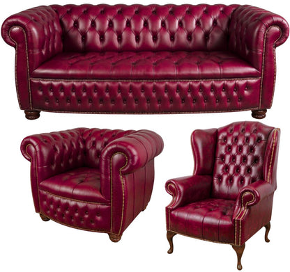 The Balmoral Chesterfield 3 Piece Suite with 3 seater, club chair and wing chair in English Burgundy leather