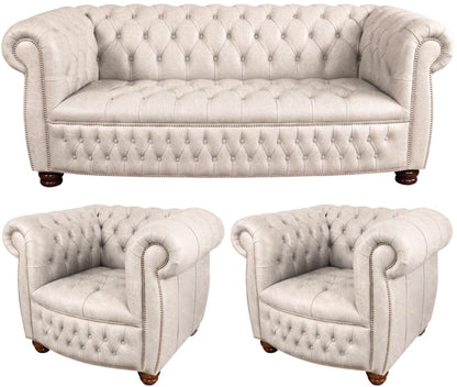 The Balmoral Chesterfield 3 Piece Suite with 3 seater and 2 club chairs in English Fossil Grey leather
