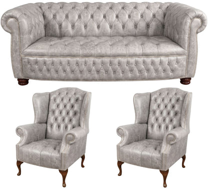 The Balmoral Chesterfield 3 Piece Suite with 3 seater and 2 wing chairs in English Lead leather