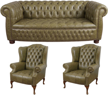 The Balmoral Chesterfield 3 Piece Suite with 3 seater and 2 wing chairs in English Moss leather
