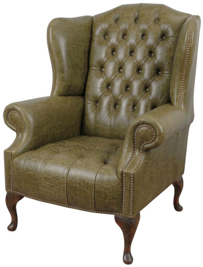 The Balmoral Chesterfield Wing Chair in English Moss leather