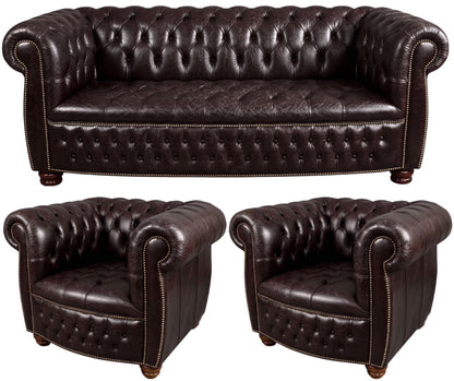 The Balmoral Chesterfield 3 Piece Suite with 3 seater and 2 club chairs in English Smoke leather