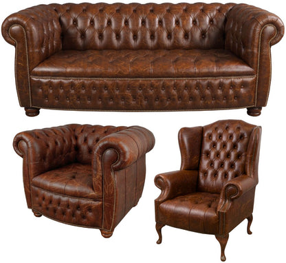 The Balmoral Chesterfield 3 Piece Suite with 3 seater, club chair and wing chair in Vintage Chestnut leather