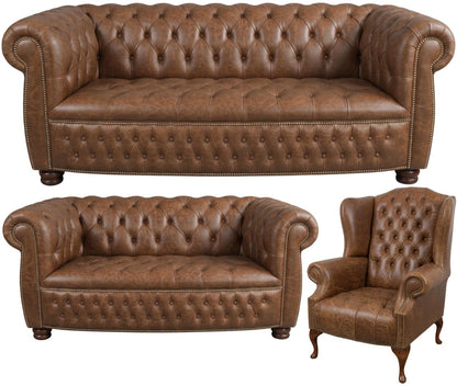 The Balmoral Chesterfield 3 Piece Suite with 3 seater, 2 seater and wing chair in Vintage Hazel leather