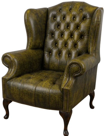 The Balmoral Chesterfield Wing Chair in Vintage Moss leather