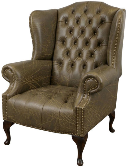 The Balmoral Chesterfield Wing Chair in Vintage Olive leather