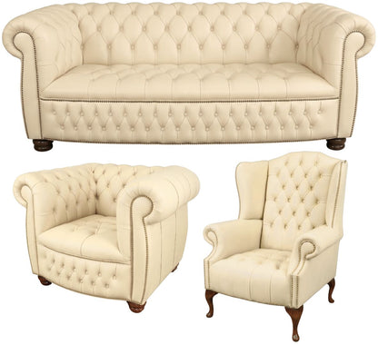 The Balmoral Chesterfield 3 Piece Suite with 3 seater, club chair and wing chair in Windsor Cottonseed leather