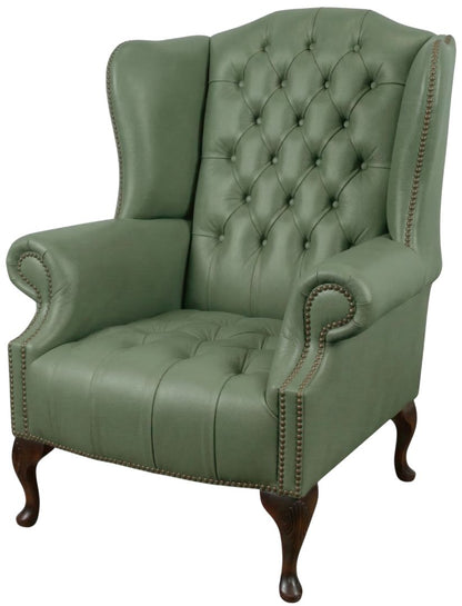 The Balmoral Chesterfield Wing Chair in Windsor Lichen leather