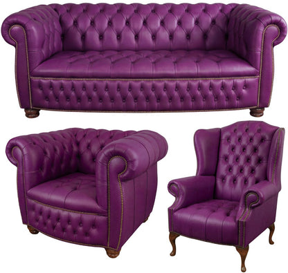 The Balmoral Chesterfield 3 Piece Suite with 3 seater, club chair and wing chair in Windsor Wineberry leather