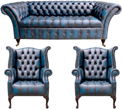 The Buckingham Chesterfield 3 Piece Suite with 3 seater and 2 wing chairs in Antique Blue leather