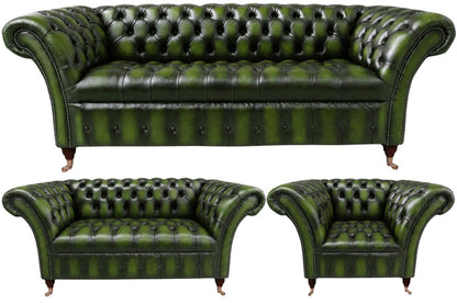 The Buckingham Chesterfield 3 Piece Suite with 3 seater, 2 seater and club chair in Antique Green leather