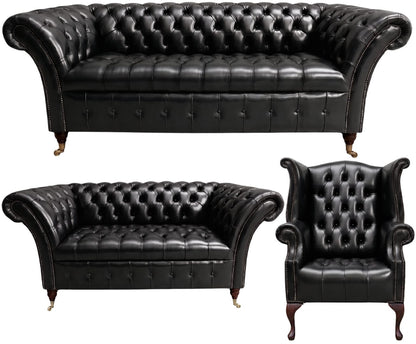 The Buckingham Chesterfield 3 Piece Suite with 3 seater, 2 seater and wing chair in English Black leather