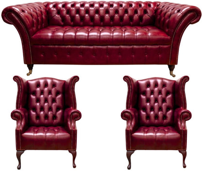 The Buckingham Chesterfield 3 Piece Suite with 3 seater and 2 wing chairs in English Burgundy leather