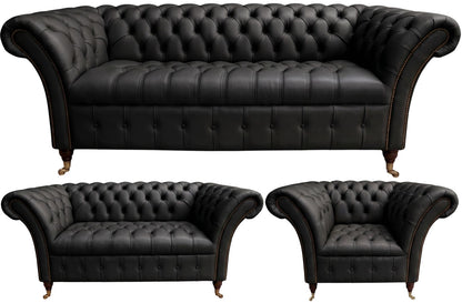The Buckingham Chesterfield 3 Piece Suite with 3 seater, 2 seater and club chair in Windsor Black leather