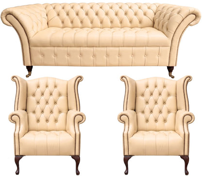 The Buckingham Chesterfield 3 Piece Suite with 3 seater and 2 wing chairs in Windsor Cream leather