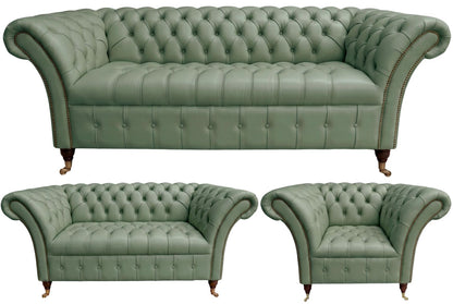 The Buckingham Chesterfield 3 Piece Suite with 3 seater, 2 seater and club chair in Windsor Lichen leather