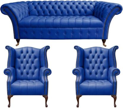 The Buckingham Chesterfield 3 Piece Suite with 3 seater, 2 seater and wing chair in Windsor Ultramarine leather