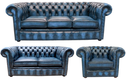 The Cambridge Chesterfield 3 Piece Suite with 3 seater, 2 seater and club chair in Antique Blue leather