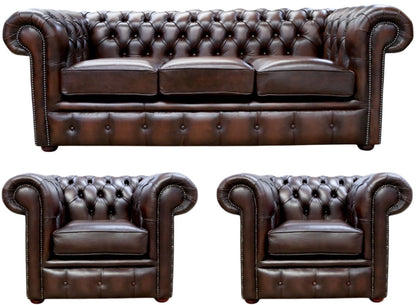 The Cambridge Chesterfield 3 Piece Suite with 3 seater and 2 club chairs in Antique Brown leather