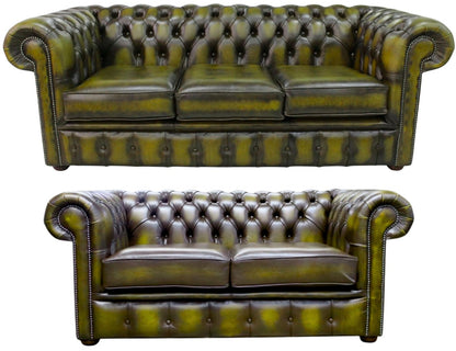 The Cambridge Chesterfield 3 Piece Suite with 3 seater and 2 seater in Antique Gold leather