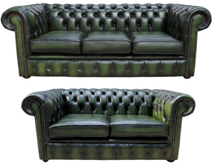 The Cambridge Chesterfield 3 Piece Suite with 3 seater and 2 seater in Antique Green leather