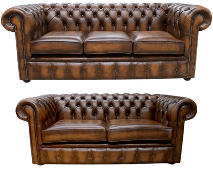 The Cambridge Chesterfield 3 Piece Suite with 3 seater and 2 seater in Antique Tan leather