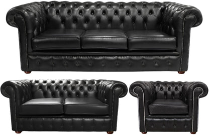 The Cambridge Chesterfield 3 Piece Suite with 3 seater, 2 seater and club chair in English Black leather