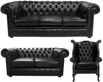 The Cambridge Chesterfield 3 Piece Suite with 3 seater, 2 seater and Queen Anne chair in English Black leather