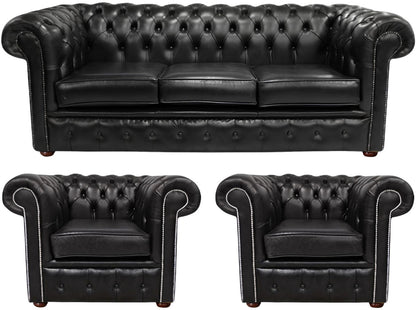 The Cambridge Chesterfield 3 Piece Suite with 3 seater and 2 club chairs in English Black leather