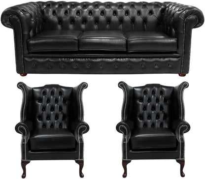 The Cambridge Chesterfield 3 Piece Suite with 3 seater and 2 Queen Anne chairs in English Black leather