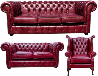 The Cambridge Chesterfield 3 Piece Suite with 3 seater, 2 seater and Queen Anne chair in English Burgundy leather