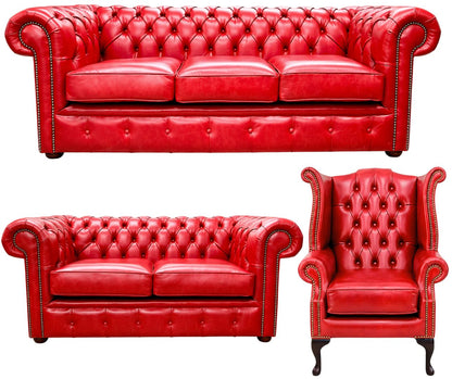 The Cambridge Chesterfield 3 Piece Suite with 3 seater, 2 seater and Queen Anne chair in English Claret leather