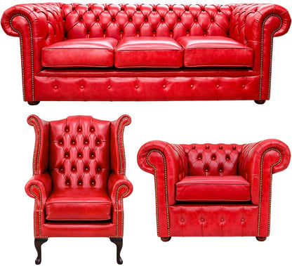 The Cambridge Chesterfield 3 Piece Suite with 3 seater, club chair and Queen Anne chair in English Claret leather