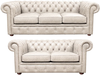 The Cambridge Chesterfield 3 Piece Suite with 3 seater and 2 seater in English Fossil Grey leather