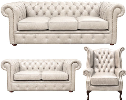 The Cambridge Chesterfield 3 Piece Suite with 3 seater, 2 seater and Queen Anne chair in English Fossil Grey leather