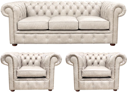 The Cambridge Chesterfield 3 Piece Suite with 3 seater and 2 club chairs in English Fossil Grey leather