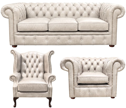 The Cambridge Chesterfield 3 Piece Suite with 3 seater, club chair and Queen Anne chair in English Fossil Grey leather