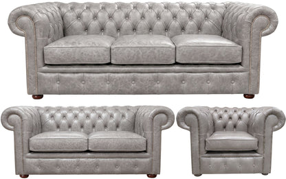 The Cambridge Chesterfield 3 Piece Suite with 3 seater, 2 seater and club chair in English Lead leather