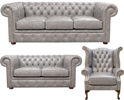 The Cambridge Chesterfield 3 Piece Suite with 3 seater, 2 seater and Queen Anne chair in English Lead leather