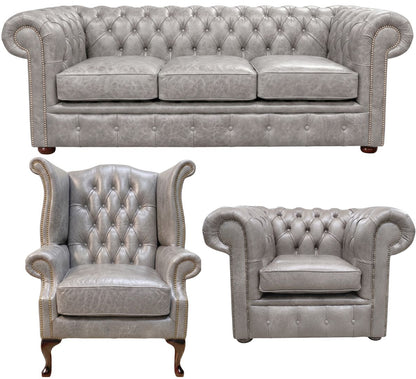 The Cambridge Chesterfield 3 Piece Suite with 3 seater, club chair and Queen Anne chair in English Lead leather