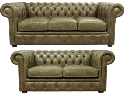 The Cambridge Chesterfield 3 Piece Suite with 3 seater and 2 seater in English Moss leather