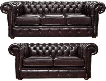 The Cambridge Chesterfield 3 Piece Suite with 3 seater and 2 seater in English Smoke leather